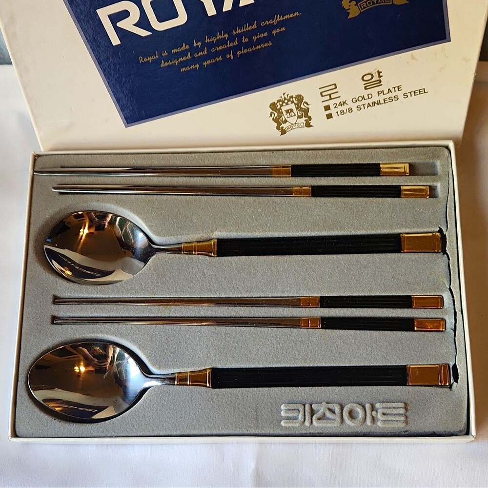 Vintage 1988 Korean Sujeo Chopstick Spoon Set 24K Gold Plated Kitchen Art Boxed